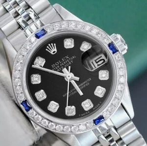 Rolex Ladies Datejust Ice Black Dial Diamond Sapphire Bezel Jubilee Watch - Picture 1 of 21