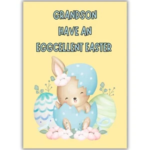 Grandson Easter Card, Cute, Easter Bunny, Easter Eggs, Blue, Yellow, Grandchild - Picture 1 of 8