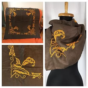 Scarf Table Topper Handmade Crafted Brown Linen Orange Cross Stitch 32 x 31" - Picture 1 of 6