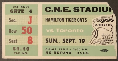 1965 CFL Football Ticket CNE Stadium Toronto Argonauts vs Hamilton Tiger-Cats Cover