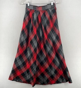 ALBEE Skirt 11/12 Wool Blend Tweed Check Pleated A-Line Maxi Black Red USA Vtg - Picture 1 of 11