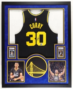 Steph Curry Signed & Framed Warriors Jersey w/ LEDs + 2 PSA Cards, Beckett COA - Picture 1 of 8