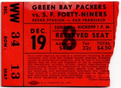 1965 SAN FRANCISCO 49ERS - GREEN BAY PACKERS ticket stub 12/19/65 Vince Lombardi - Image 1 of 2