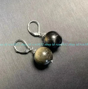8/10/12/14mm Natural Gold Obsidian Gems Round Dangle Silver Leverback Earrings - Picture 1 of 9