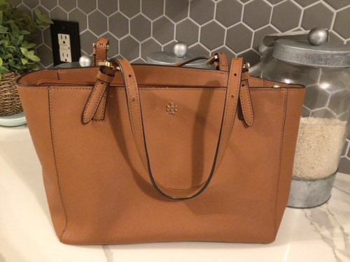 Borsa media Tory Burch Emerson tela pelle marrone caramello