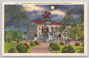 State Capitol and Washington Statue at Night Richmond VA Virginia Postcard - Picture 1 of 2