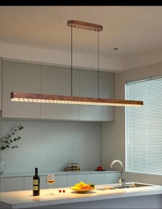 47" Wood Linear Pendant Light, Dimmable Kitchen Island Lighting with Remote, ... - Picture 1 of 15