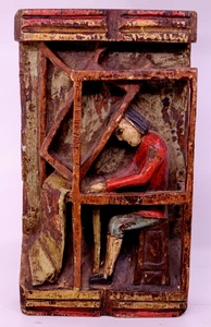 Antike europäische polychrome handgeschnitzte Basrelief Weber Werkstatt Plakette aus Holz - Bild 1 von 9