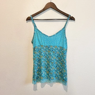 Camiseta sin mangas vintage Y2K Energie Cami pequeña azul floral corazón encaje ribete hada grunge Foto 1 de 4