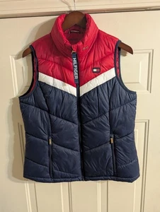 Tommy Hilfiger Bright Bold Vintage Puffer Vest Hidden Hood Ladies M Gold Zippers - Picture 1 of 20