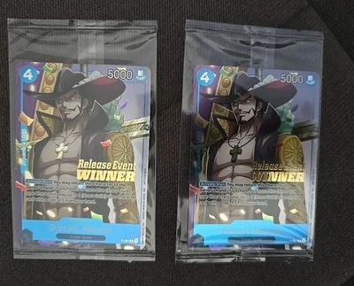 Lotto X2 Carte One Piece Dracule Mihawk P-081 Pre-Release WINNER Sealed ENG - Immagine 1 di 2