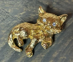 Vintage Katze Brosche goldfarbene Anstecknadel 1,5" Strass Augen #0065 - Bild 1 von 4