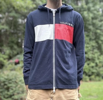 Y2K Tommy Hilfiger Full Zip Flag Logo Lightweight Slim Fit Hoodie Men’s Medium - Image 1 of 4