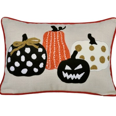 Halloween Pumpkin, 14x20" Embroidered Throw Pillow Spooky Polka Dot Cushion - Image 1 of 4