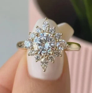 Rundschliff Moissanit Starburst Verlobungsring, Vintage Cluster Versprechen Ring - Bild 1 von 8