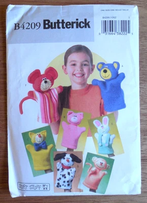 New Butterick Soft Stuff Pattern B 4209  Animal Hand Puppets: Dog*Cat*Monkey* - Image 1 of 2
