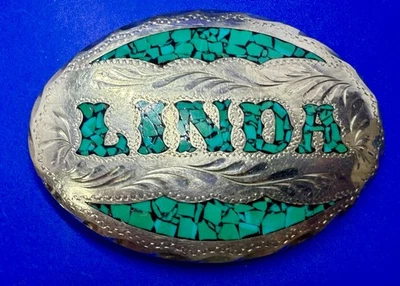 Personalized Name Linda Turquoise Chip Inlay Silver Accents By 12 Co Belt Buckle - Image 1 of 4