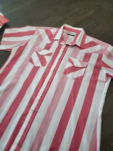 Men Vtg 50s Karman Silver Western Shirt Red Striped S/S Poly/cot Pearl Snaps 2xl - Picture 1 of 8