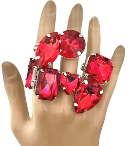 Lot Set /Bundle 7 Red Acrylic Rhinestones Statement Adjustable Rings Mixed Shape - Picture 1 of 3