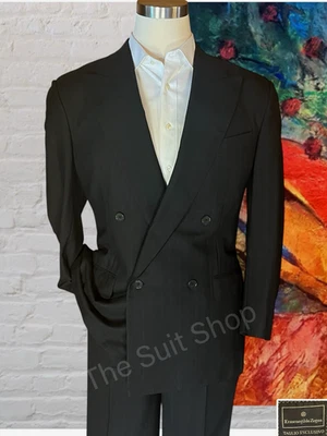 Vtg Ermenegildo Zegna 40R 30x30 Black Subtle Stripe Double Breasted Power Suit - Image 1 of 4