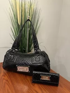 GUESS Patent Croc Vegan Leather Sachel Shiny Black And A Wallet - Picture 1 of 23