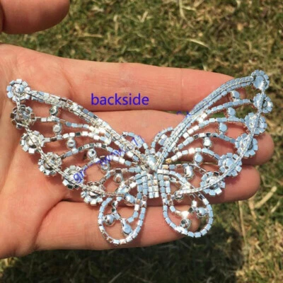 1X Rhinestone Applique Sew On Wedding Bridal Trim Crystal Diamante Butterfly Art - Image 1 of 4
