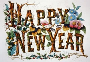 Tarjetas de notas a color Currier & Ives de FELIZ AÑO NUEVO. Acebo y flores victorianas. - Imagen 1 de 2