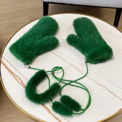Guantes de piel de visón real para mujer tejidos cálidos muñeca elásticos guantes mangas con cuerda Foto 1 de 4