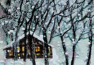 ACEO Original Winter CABIN Pine Tree PAINTING Snow Holiday Nature Landscape ART - Picture 1 of 1