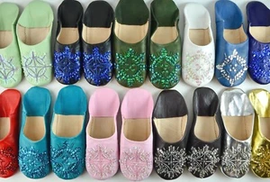 MOROCCAN LEATHER SEQUIN BABOUCHE SLIPPERS WOMENS SHEEPSKIN MULES **STAR DESIGN** - Picture 1 of 85