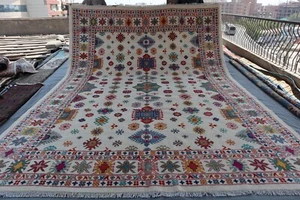 9x13 Large Afghan Tribal Ivory Rug - Vintage Geometric Wool Carpet . - Picture 1 of 12