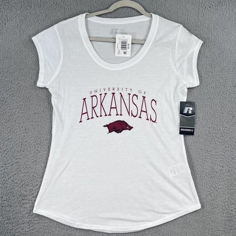 NEW! Arkansas Razorbacks Shirt WOMENS Medium 8-10 White Russell Athletic Ladies Cover