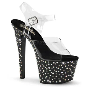 Pleaser Women's Stardance-708 Black Swarovski Ankle Strap Platform High Heels - Picture 1 of 5