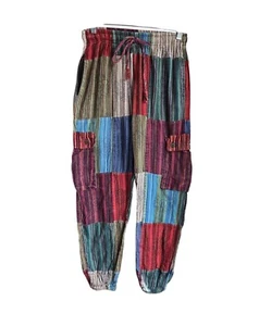 Colorful Patchwork Striped Cotton Cargo Joggers Barrel Pants Pull On Made Nepal - Picture 1 of 9