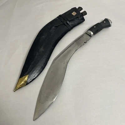 Faca de combate curva longa Gurkha Índia vintage com bainha de couro - Imagem 1 de 4