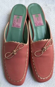 Lilly Pulitzer Medium Pink Leather Mules W/Light Pink Scalloped Trim Sz 8M NWOB - Picture 1 of 7