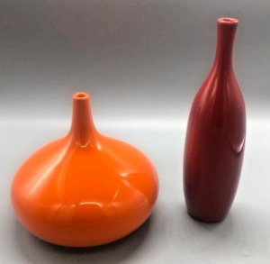 CB2 Small Decor Accents Ceramic Round Bud & Bottle Vase 2 Pc Set Orange & Red