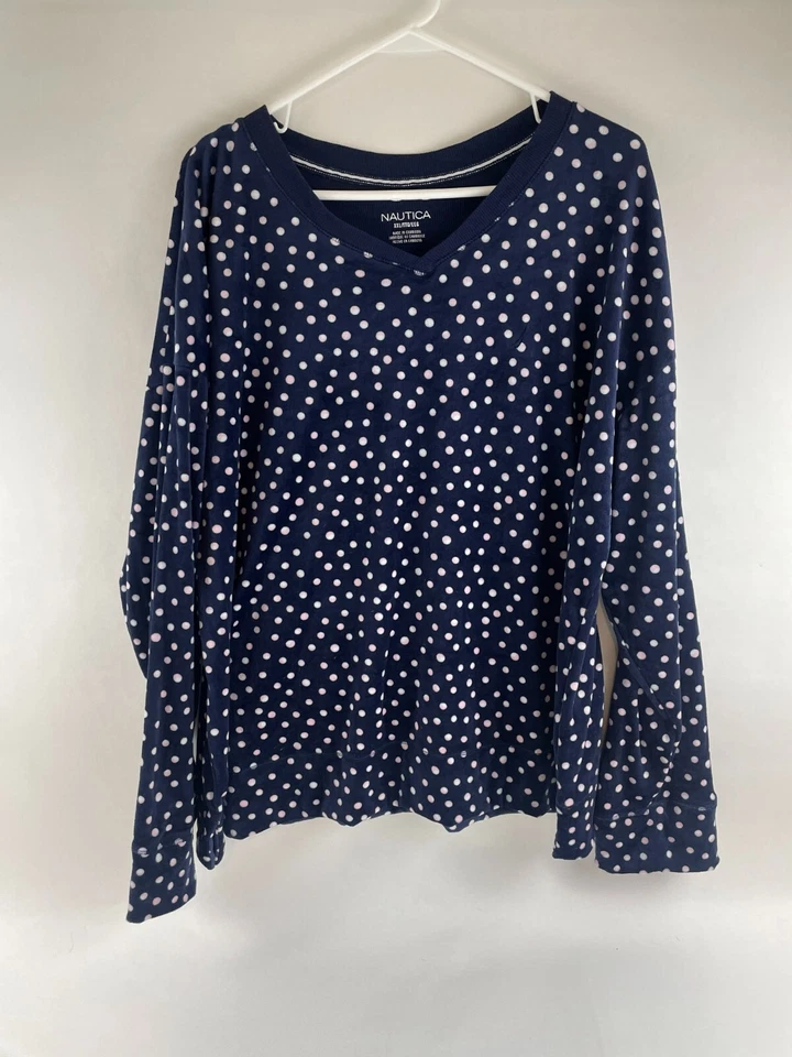 Nautica PJ Топ женщин размер XXL темно-синий розовый белый горошек флис v-образным вырезом - Изображение 1 из 4
