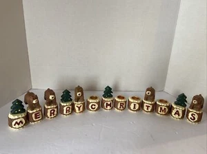 Vintage Merry Christmas Wood Log Taper Candle Holder Holiday Decor Rare - Picture 1 of 12