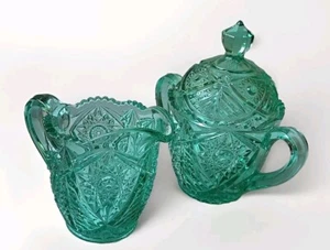 Crema de vidrio prensado Hobstar vintage verde esmeralda borde diente de sierra y azúcar raro  - Imagen 1 de 20