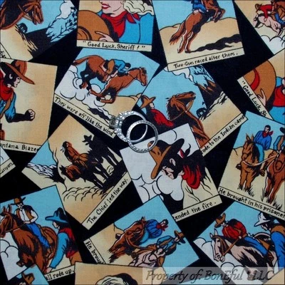 BonEful Fabric FQ Cotton Quilt VTG Cowboy Girl Block Horse Hat Indian Chief B&W - Image 1 of 4