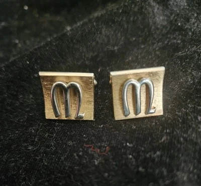 Mens Cufflinks Swank Square Gold Tone Letter M Initial Celtic Font Classy Formal - Image 1 of 4