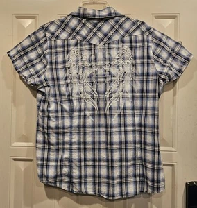 Harley Davidson Pearl Snap Strass Kurzarm Damen XL Hemd blau kariert - Bild 1 von 5