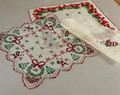 3 Pañuelos de Navidad Vintage Papá Noel, Campanas Rojas, Coronas, Árboles de Navidad Foto 1 de 4