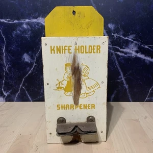 Vintage Holz Antik Messerhalter + Schärfer Gelb 4 Schlitze Bauernhaus Süß - Bild 1 von 7