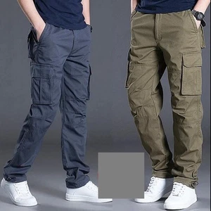 Mens Cargo Combat Work Trousers Pockets Loose Machine Washable Straight Pants - Picture 1 of 16