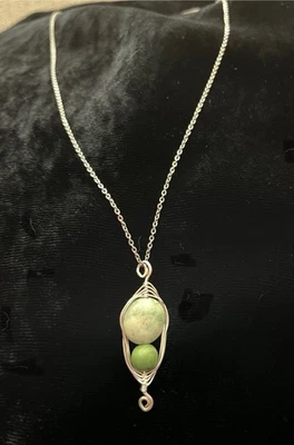 Green Howlite 2 Round Stones Stainless Steel 12" Necklace Handmade Design By NIA - Image 1 of 4