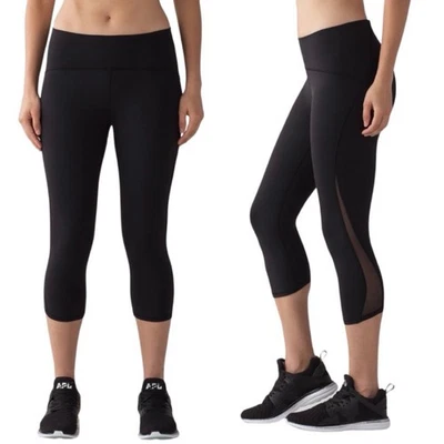 Leggings Lululemon Feminina Tamanho 4 Preta Malha Cortada Lados Bolso Cintura Média - Imagem 1 de 4