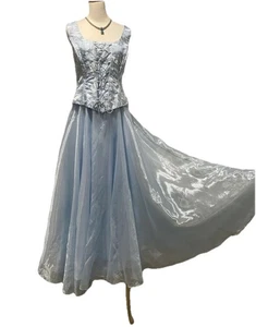 Blue Organza Corset Long Formal Gown Dress W Shawl Wrap Women’s 12 VTG Rebecca - Picture 1 of 13