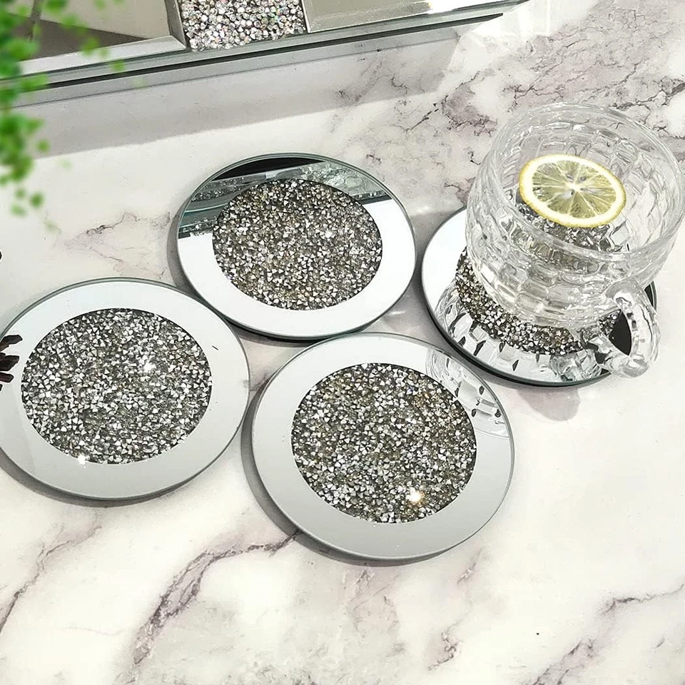 Glass Mirror Coasters Set of 4, Crushed Diamond Round, Dining Table - Image 1 of 4